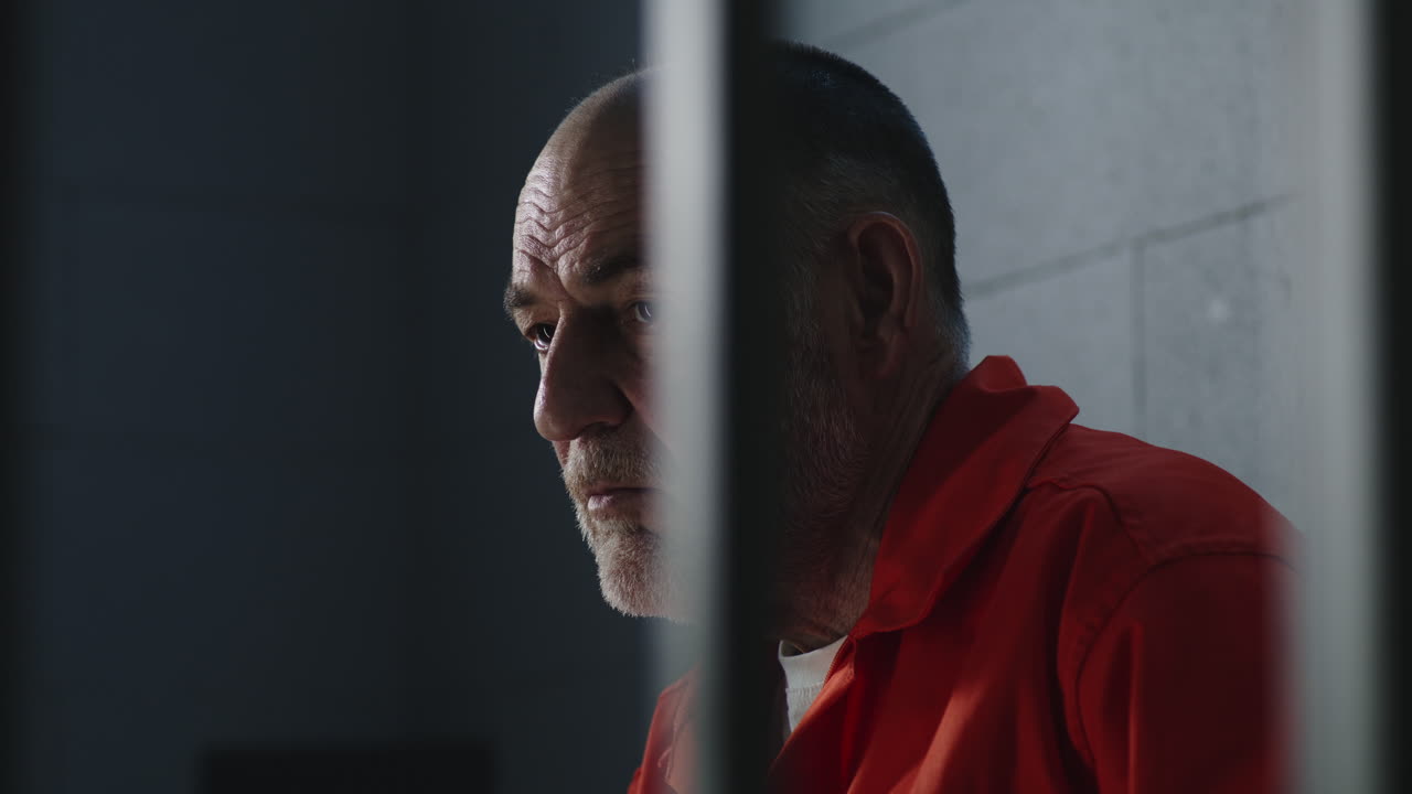 el guardia de la prisión le da comida al prisionero a través de barras de metal.