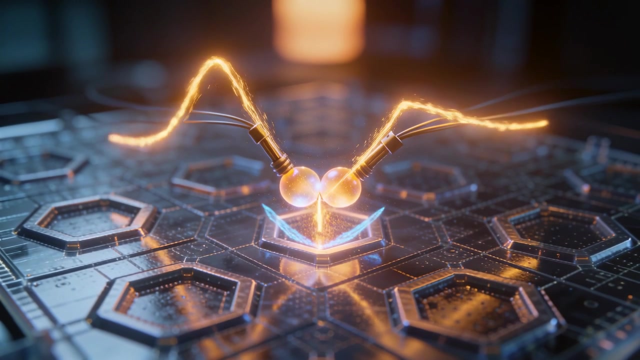 Hovering two glowing spheres on cables closing to contact energizing central hex at lab