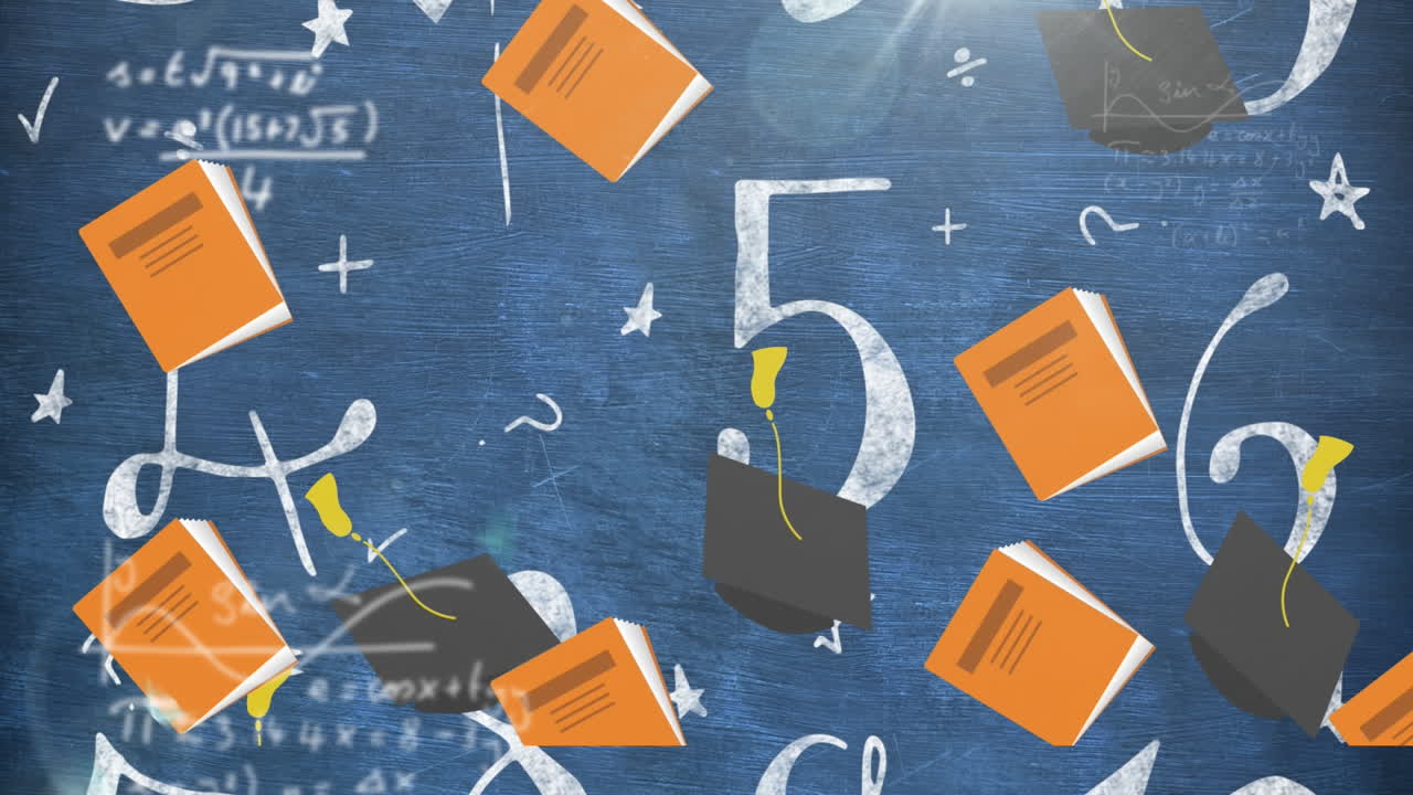 책과 졸업 모자가 파란색 배경의 수학 기호와 방정식에 맞춰 떨어집니다.