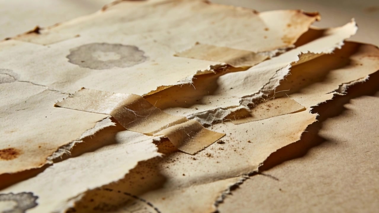 Shifting camera focus revealing stack of aged torn papers on table to show taped repairs, stains