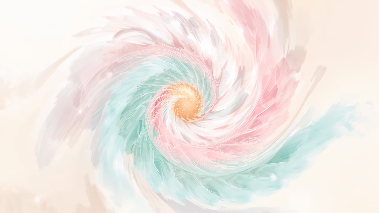 Animating pastel spiral swirling on cream, stabilizing orange core, mint-pink bands, faint sparkles