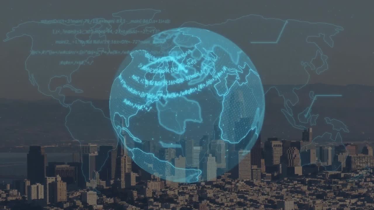 지구가 회전하는 애니메이션과 도시 풍경에 대한 데이터 처리