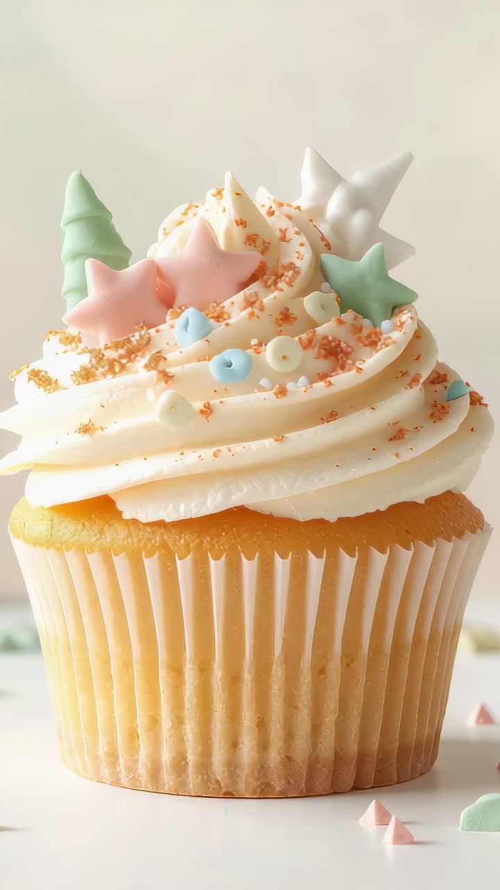 Video verticale: panoramica della telecamera leggermente verso il cupcake sul tavolo luminoso, che mostra decorazioni in colori pastello