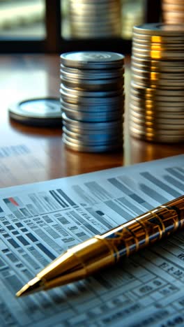 detailed financial document with a pen and coins on a wooden table