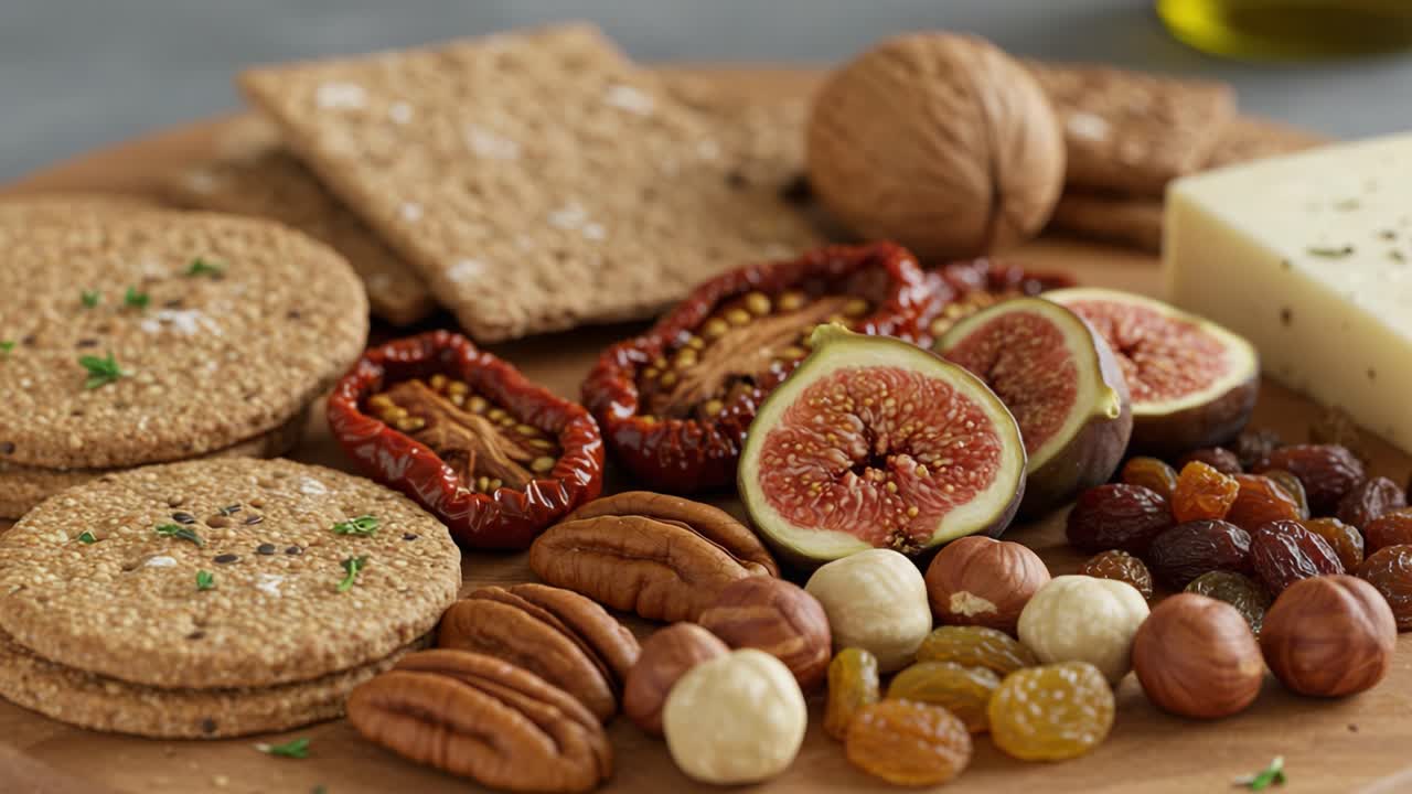 An Assortment of Delicious Snacks Featuring Dried Fruits, Nuts, and Crackers Perfect for a Health-Conscious Diet and Flavorful Indulgence