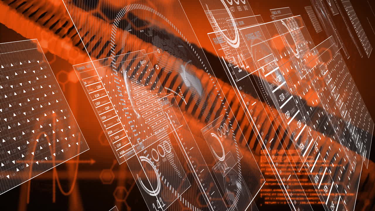 Processing scientific data, DNA strand and binary coding animation in laboratory