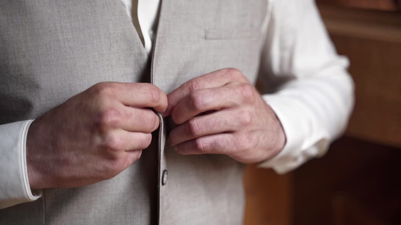 Man buttoning up simple gray waistcoat over white shirt, close up