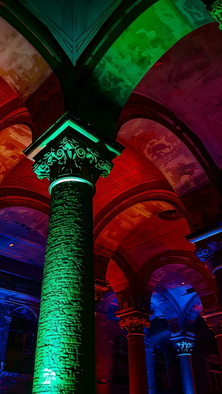 Vertical video: LED starting camera tilting up around stone column in vault showing capital colors