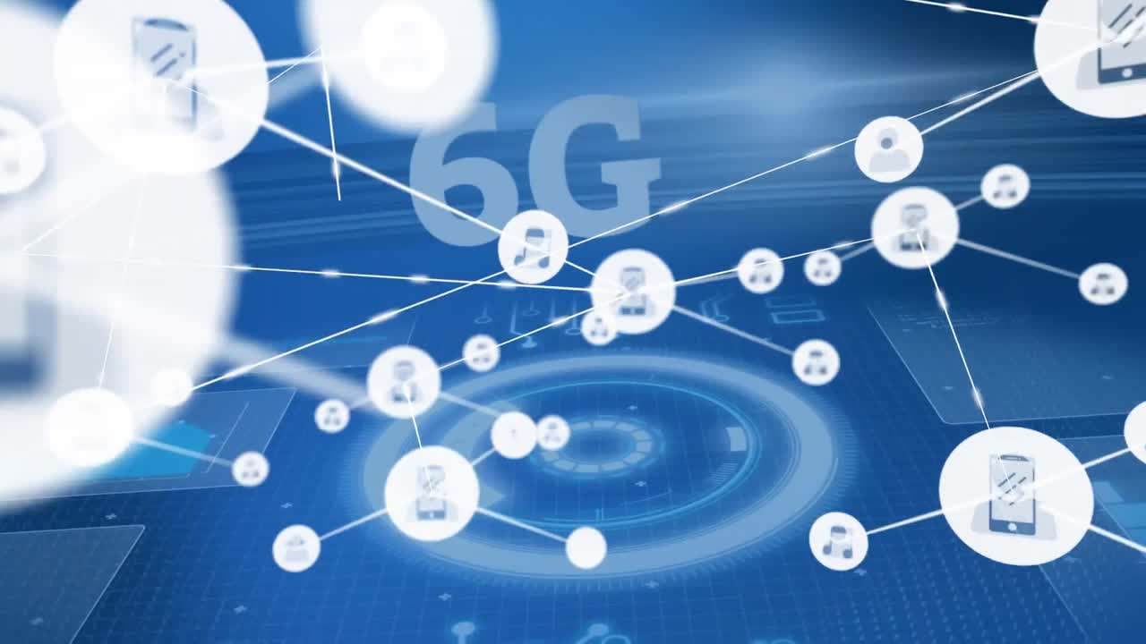 6g 텍스트에 대한 아이콘을 가진 연결 네트워크의 애니메이션