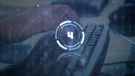 countdown timer over neon round scanner against mid section of person using computer