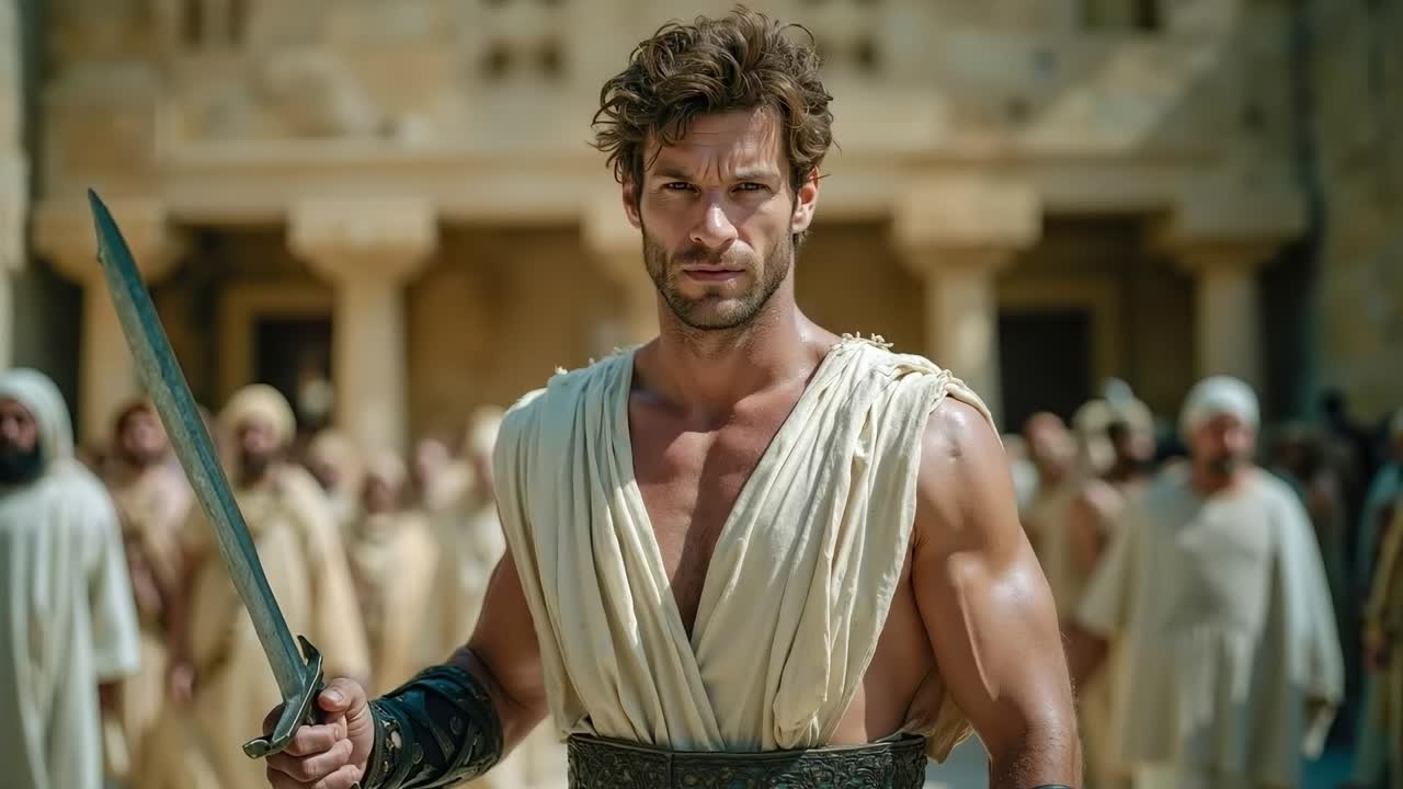 A man holding a sword in front of a group of people