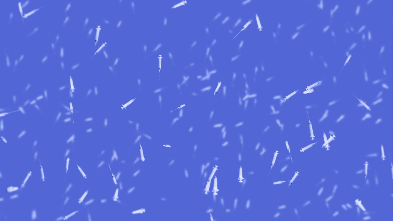 파란색 배경에 주사 할 수 있는 많은 주사기를 날리는 의료 개념 바이러스에 대한 백신 의료 치료 3d 루프 애니메이션