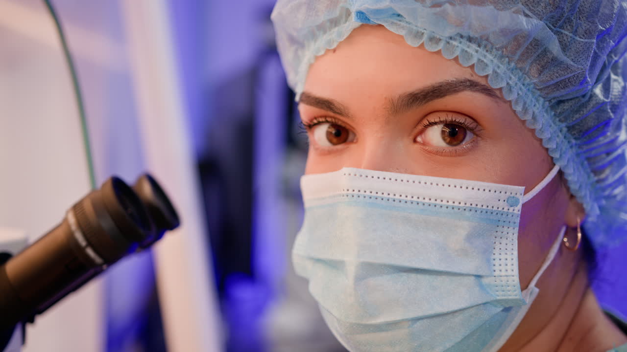 Scienziato che usa il microscopio in laboratorio