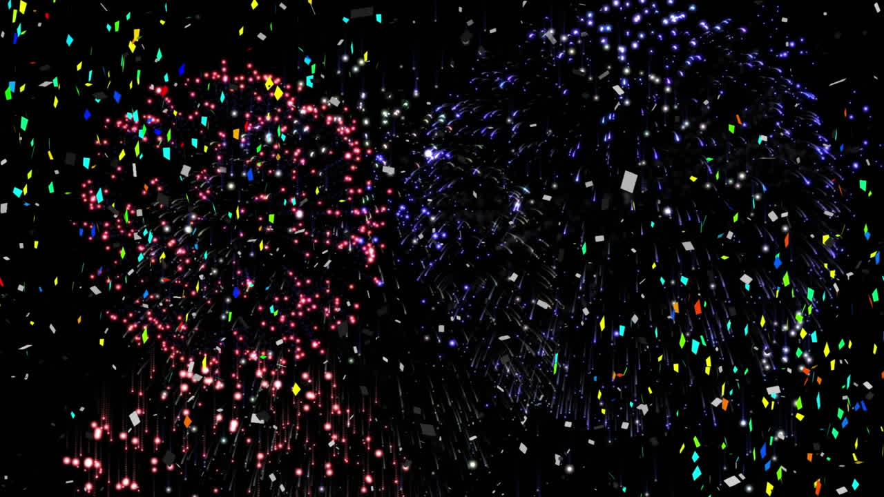 검은 바탕에 폭발하는 콘페티와 불꽃놀이의 애니메이션