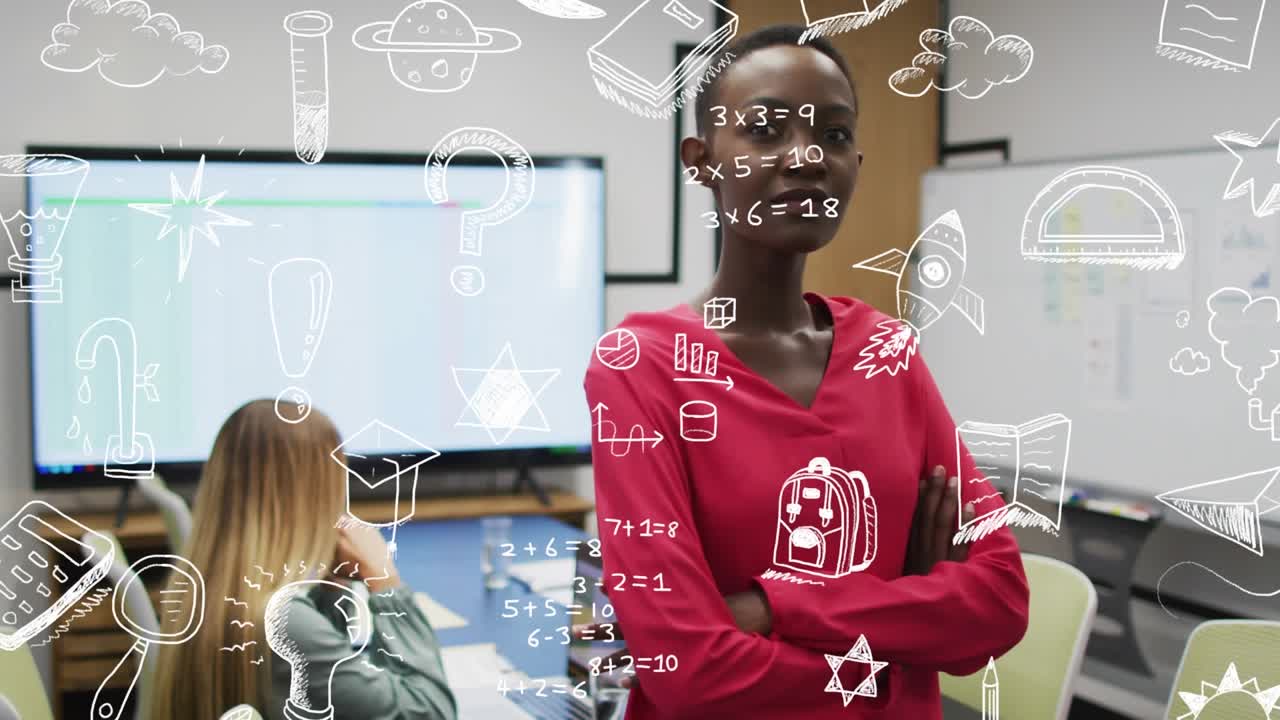 Animation of school icons over diverse business people in office