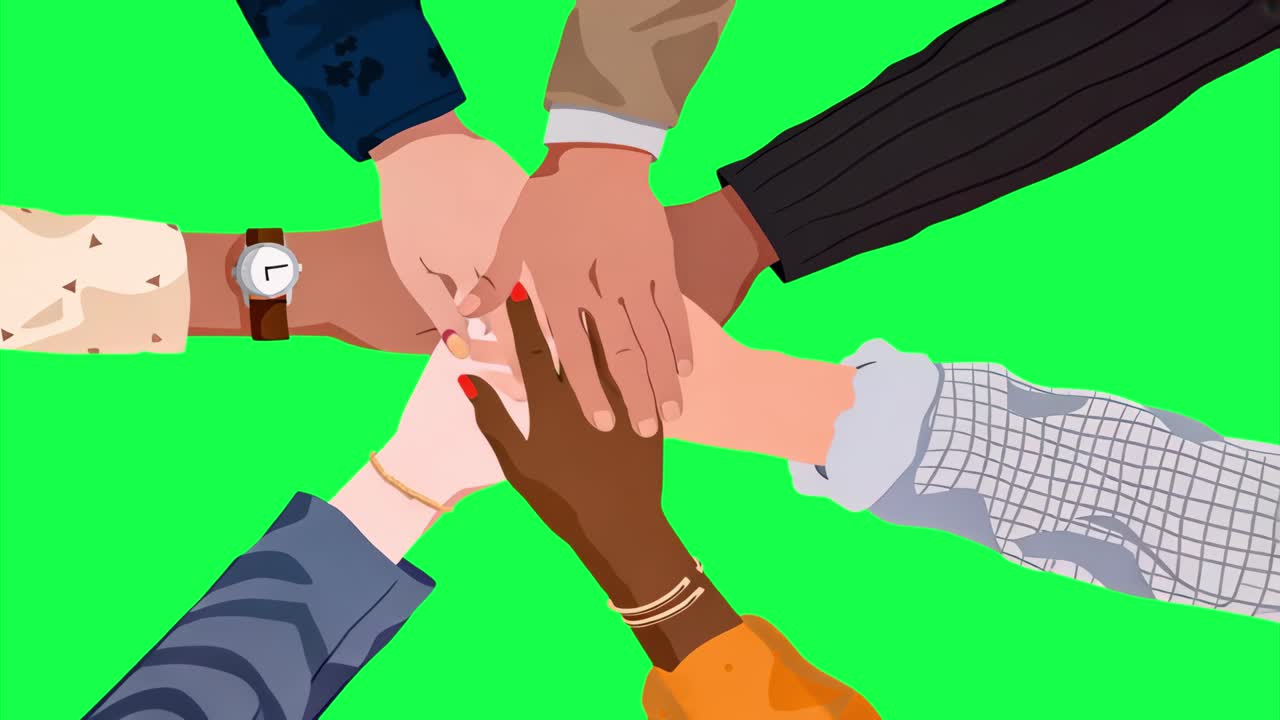 Diverse hands united together animation, transparent 4K video, green screen
