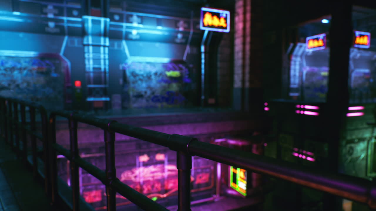 Vibrant urban setting with neon lights illuminating indoor arcade