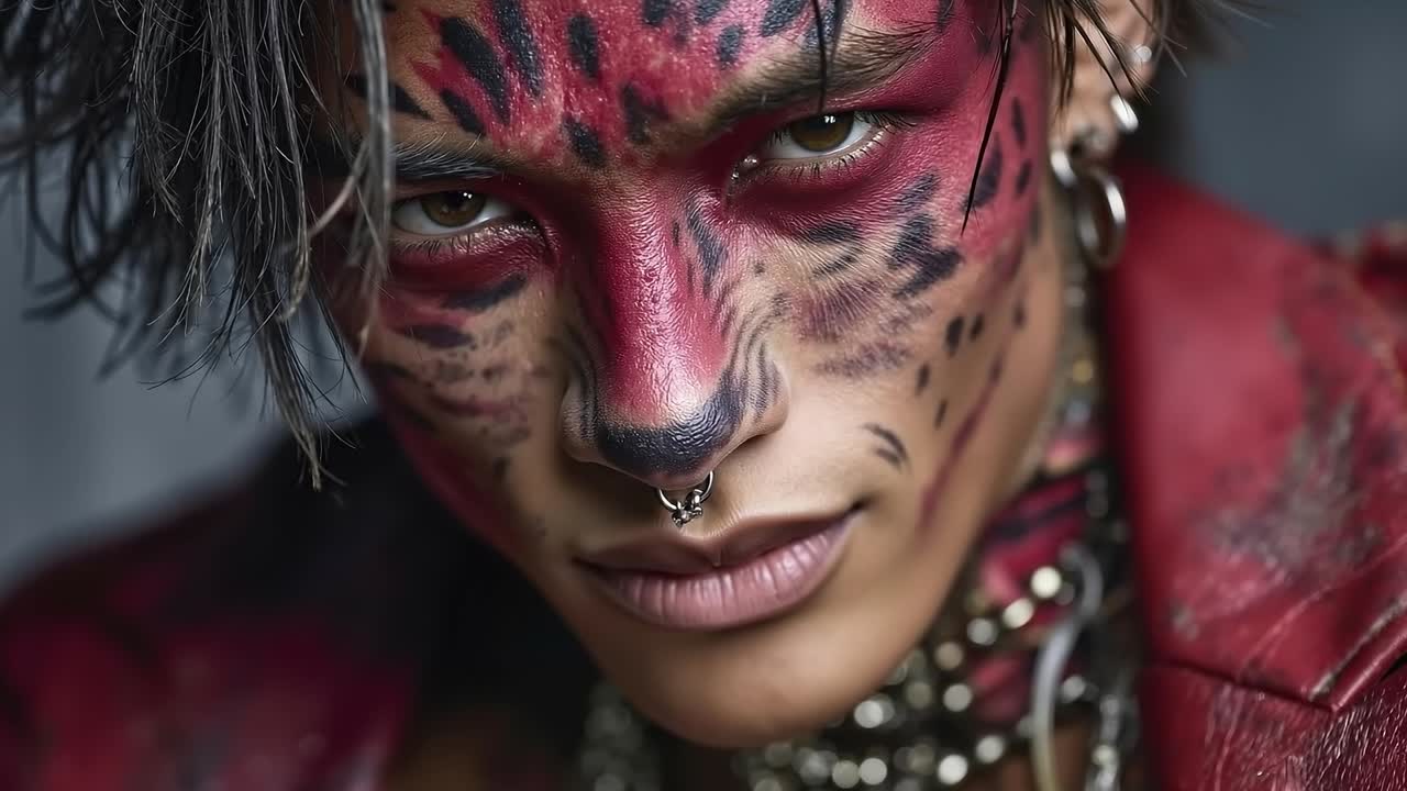 A woman with a red face paint and a leopard face paint