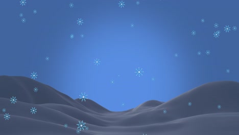 Animation-of-snowflakes-falling-over-snow-and-blue-background