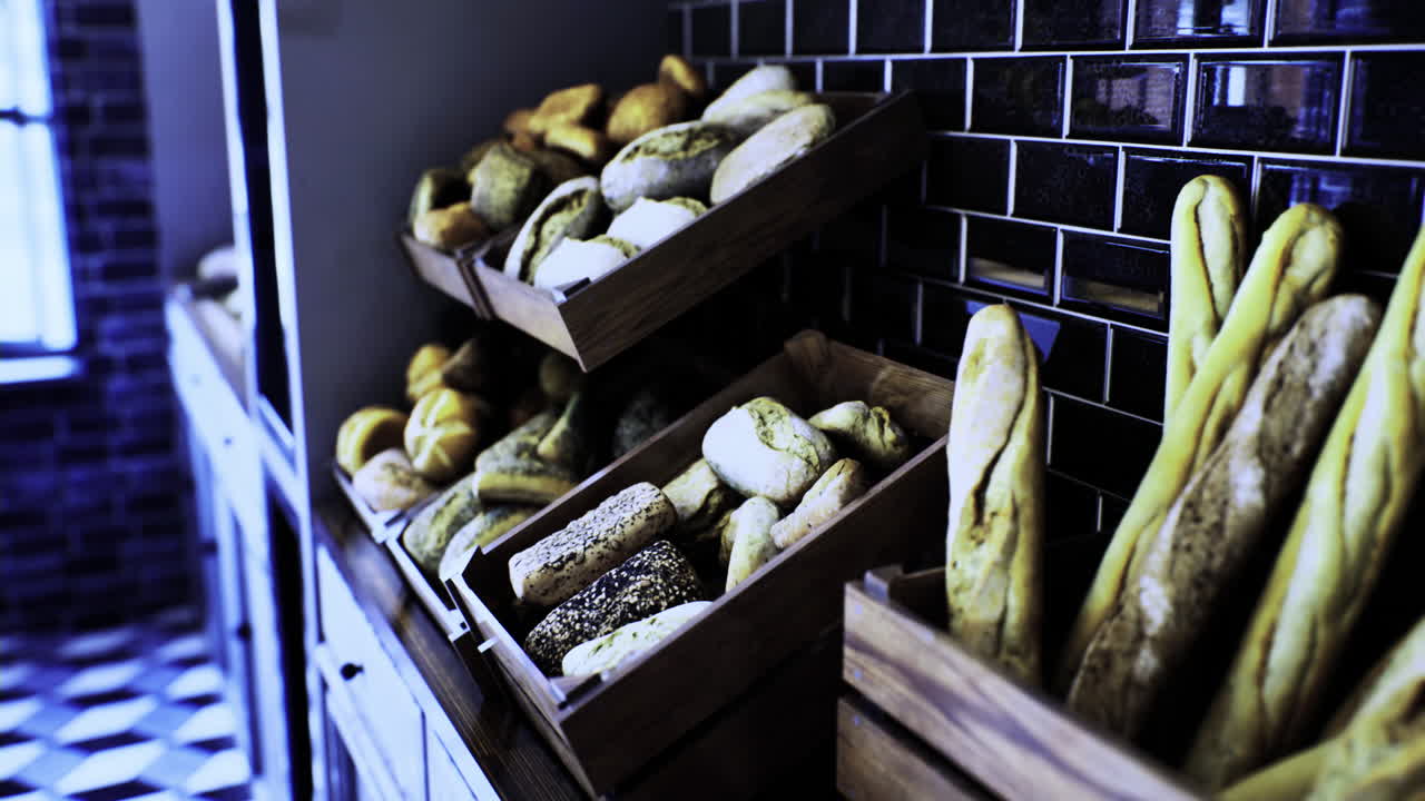 Freshly baked bread displayed in a rustic bakery in the afternoon light