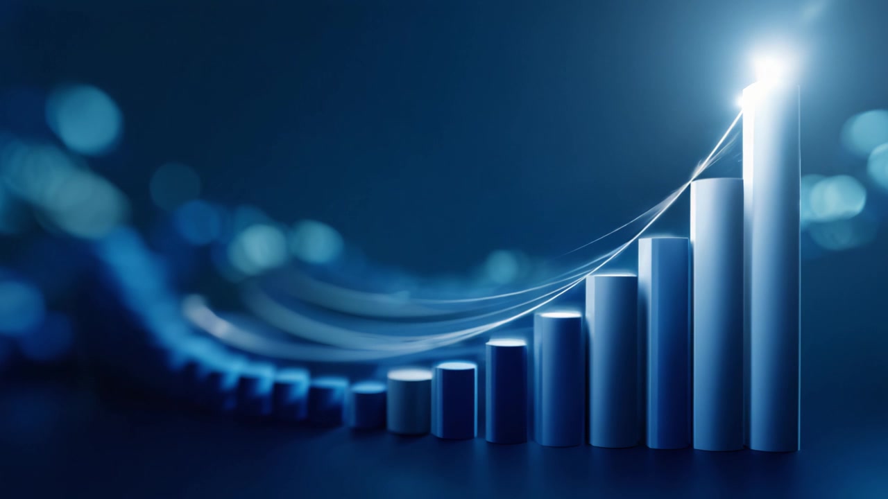 Dynamic Growth Representation Through Stylized Bar Graphs and Flowing Lines in a Blue Themed Visual, Signifying Progress and Success in Data Analysis.
