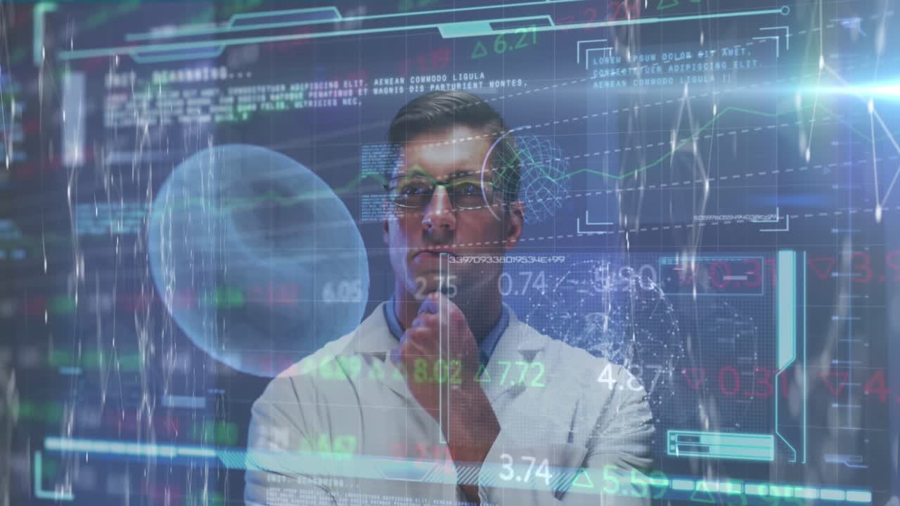 Animation of data processing with virus cells over caucasian male doctor