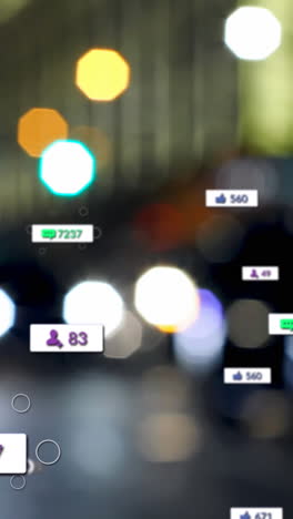 animación de iconos y números de redes sociales sobre semáforos desenfocados