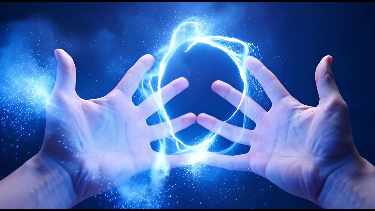 Mani umane che manipolano energia blu luminosa.