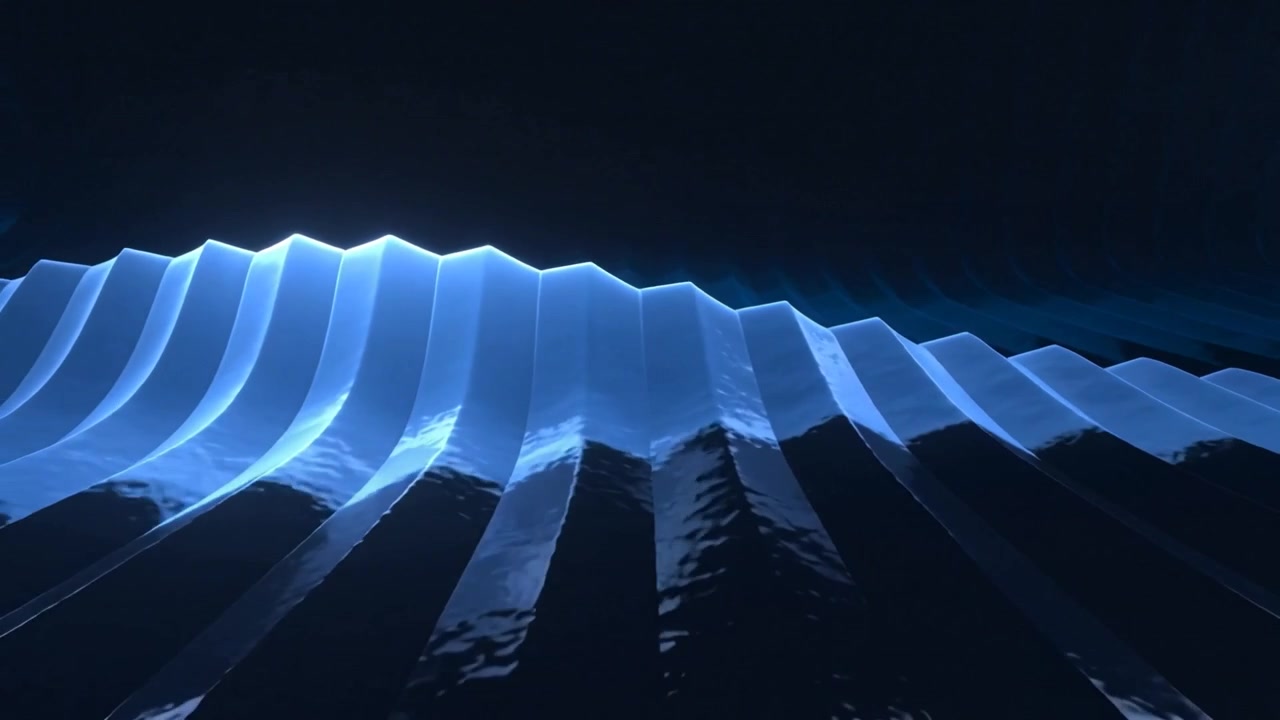 Forming bright crest along horizon, glossy ribbed surface undulating in dark void under blue light