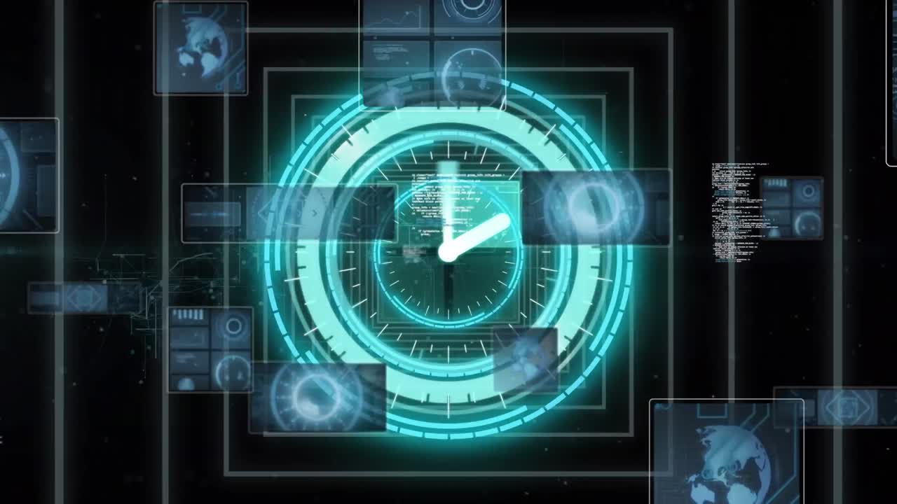 Animation of clock, scopes scanning and data processing over screens on dark background