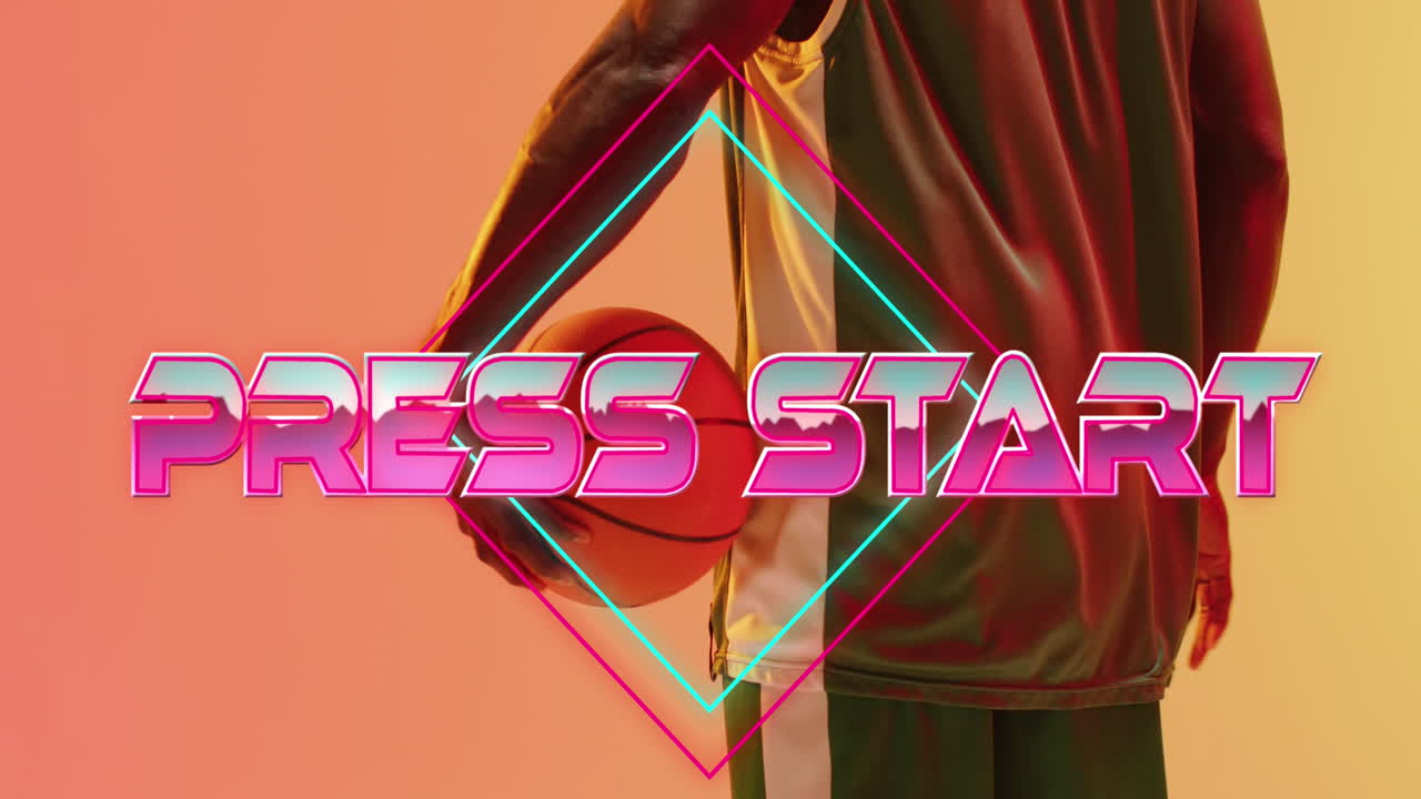 네온 배경에 농구 선수에 대한 프레스 시작 텍스트와 네온 라인의 애니메이션