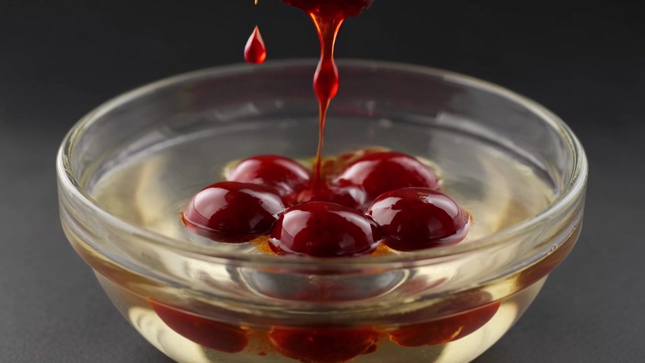 Salsa ai frutti di bosco rossi versata in una ciotola di vetro con olio
