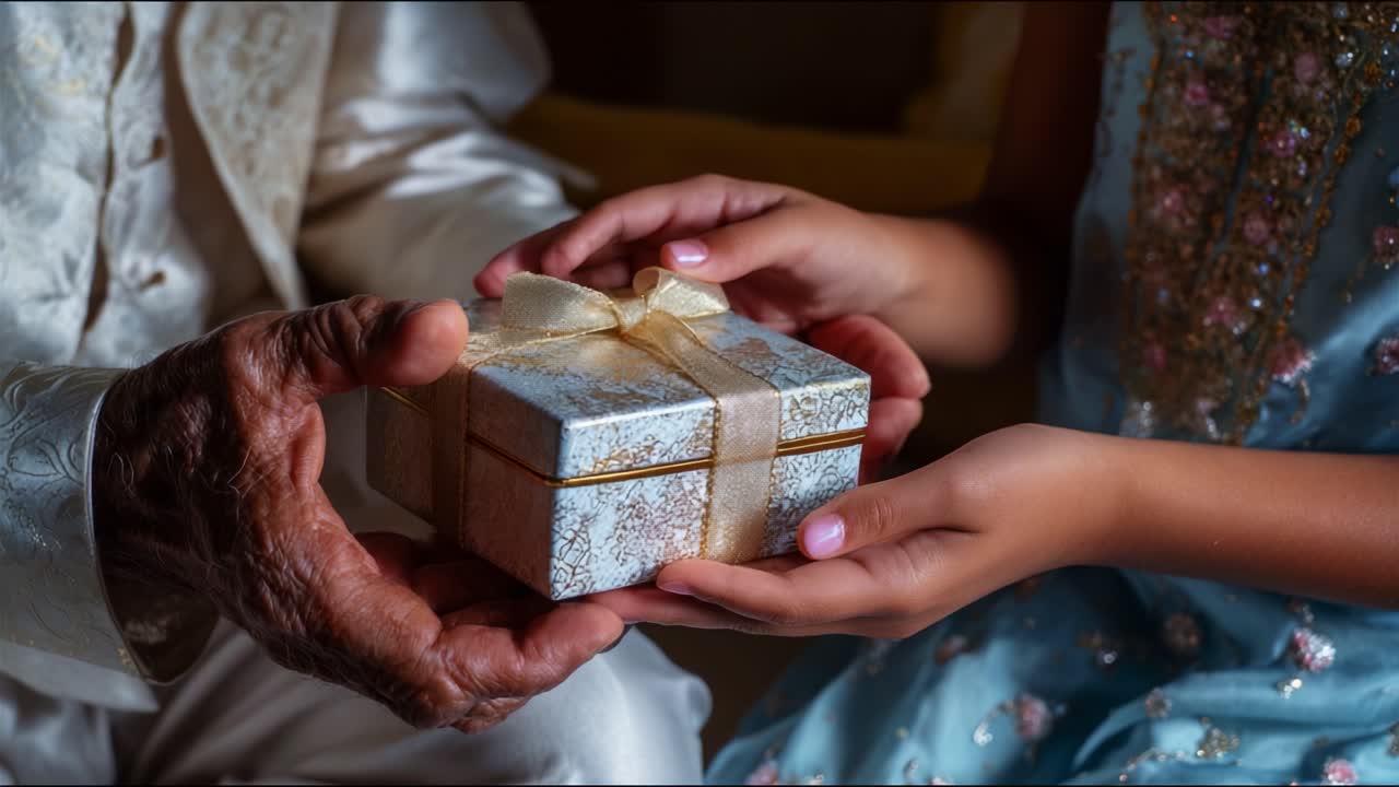 A Heartwarming Moment: An Elderly Person and a Child Engaging in the Joy of Giving and Receiving a Beautifully Wrapped Gift with Delicate Ribbon, Symbolizing Love and Connection