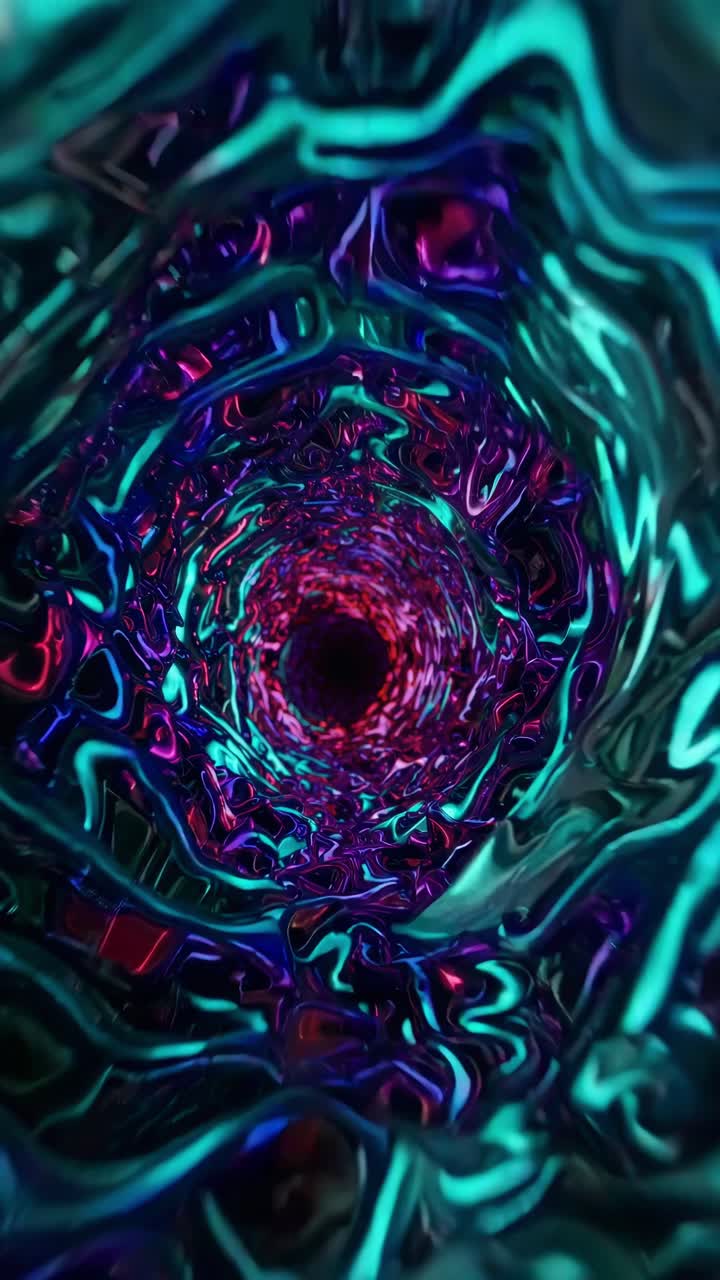Metallic tunnel swirling with vibrant energy, generating hypnotic visual experience through dynamic color patterns converging into abstract vortex design