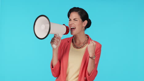 studio, screaming or woman with megaphone