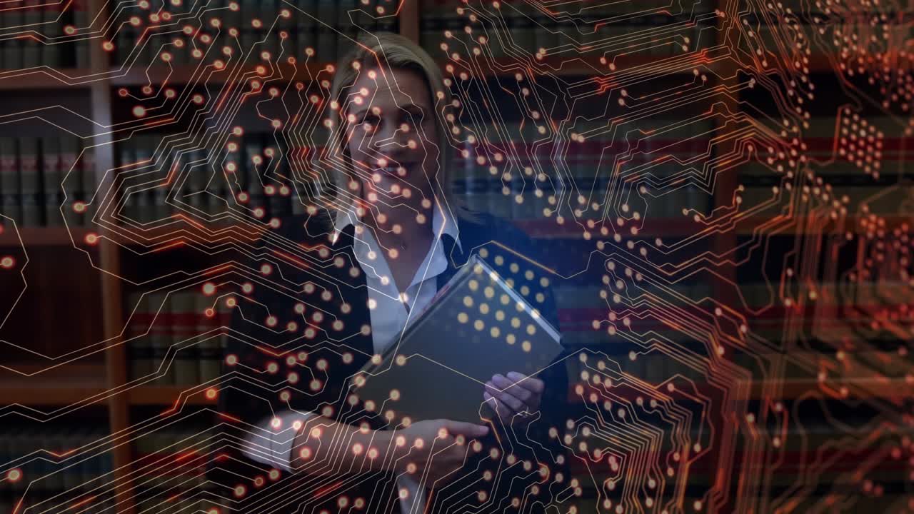 Woman holding folder adjusting grip, preparing tech talk in library with circuit overlaying frame