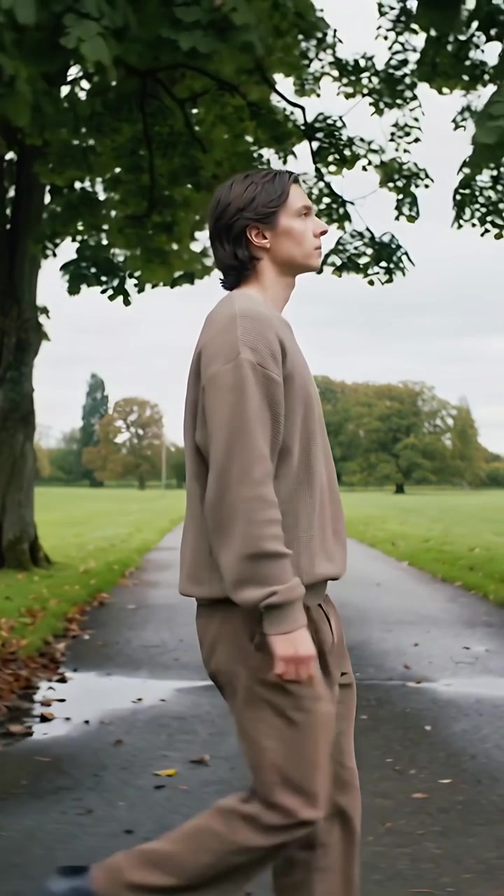 Vertical video: Leaving tree edge, man in tan top heading into park along wet path passing puddles