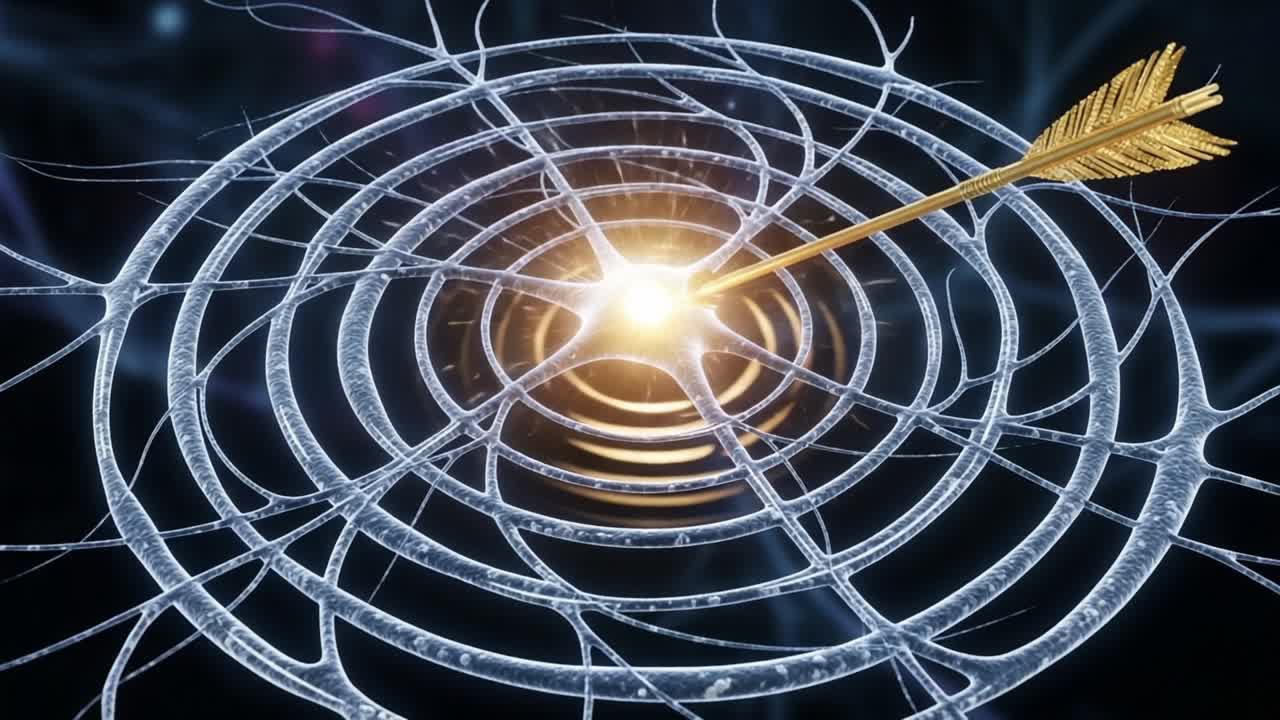 A Golden Arrow Piercing Through a Radiant Neural Network, Creating Waves of Light and Energy in a Futuristic Digital Landscape