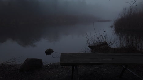 misty lake with bench at dusk