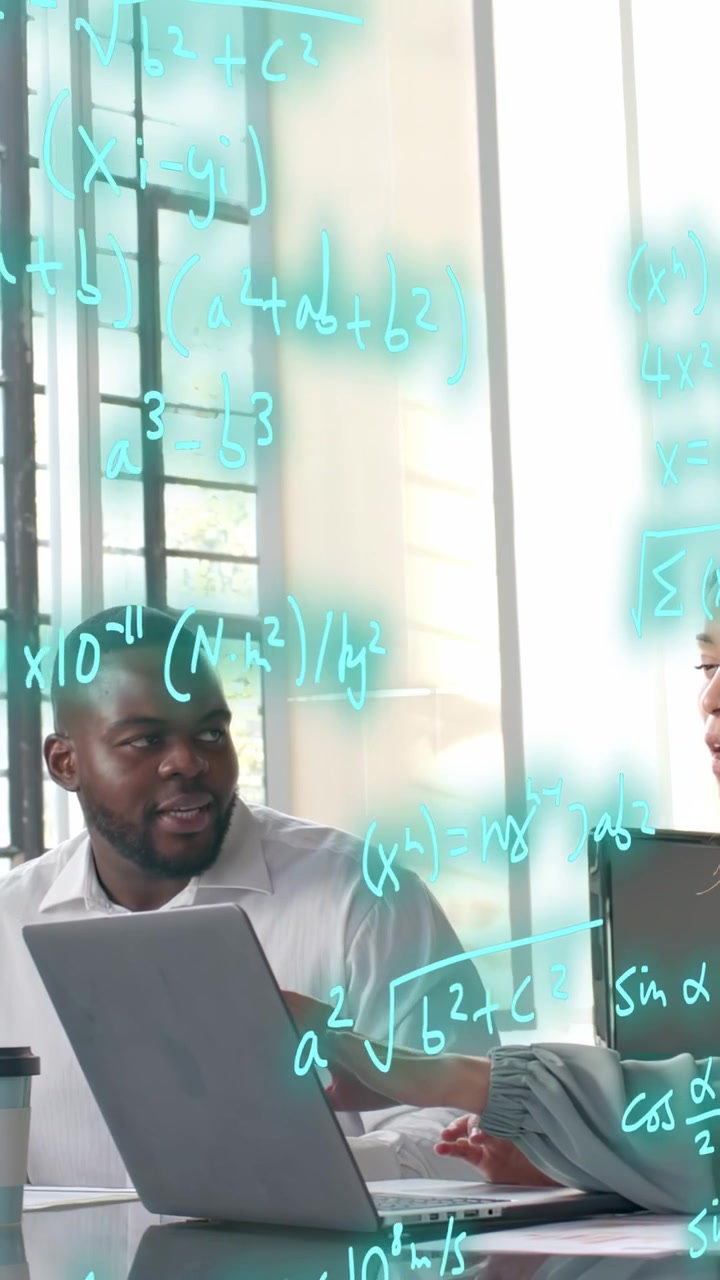 Vertical video: Woman typing, man gesturing, typing making cyan math overlay filling view for STEM