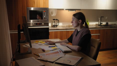 A-pensive-woman-looks-at-the-documents-and-the-graphs-on-the-table-make-notes-in-the-papers.-A-tired-woman-works-from-home.-Distance-Learning-Analysis-and-Planning