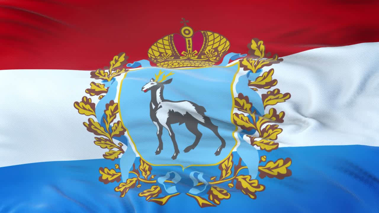 Samara oblast (Federal subject of Russia) flag waving in the wind with highly detailed fabric texture. Seamless loop