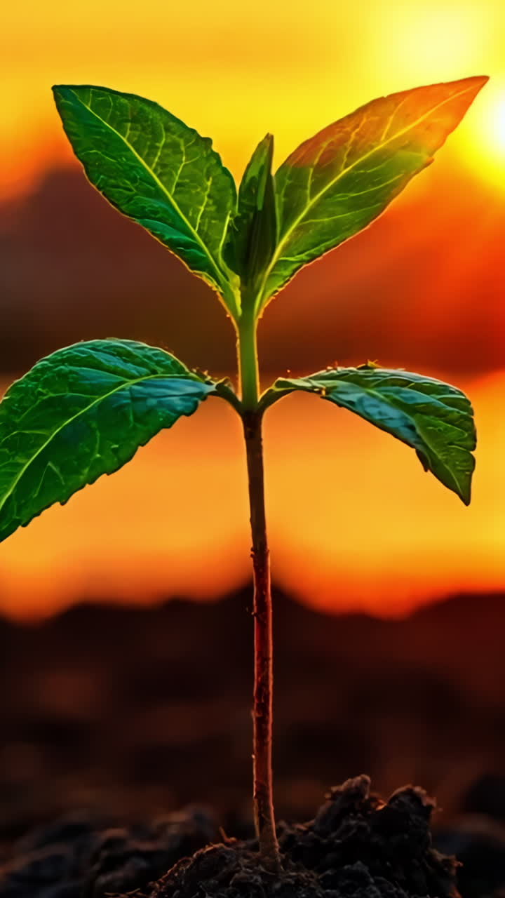 A small plant is growing in the dirt next to a body of water. The sun is setting in the background, casting a warm glow over the scene. Concept of growth and renewal