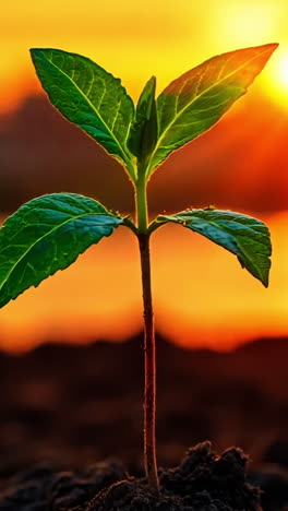 a small plant is growing in the dirt next to a body of water. the sun is setting in the background, casting a warm glow over the scene. concept of growth and renewal