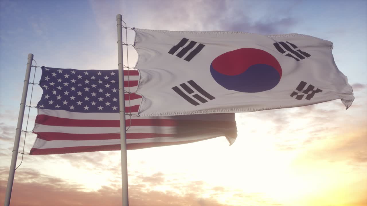 한국과 미국 발을 기둥에 올려놓고, 한국과 미국이 바람에 기를 흔들며, 한국과 미국의 외교 개념