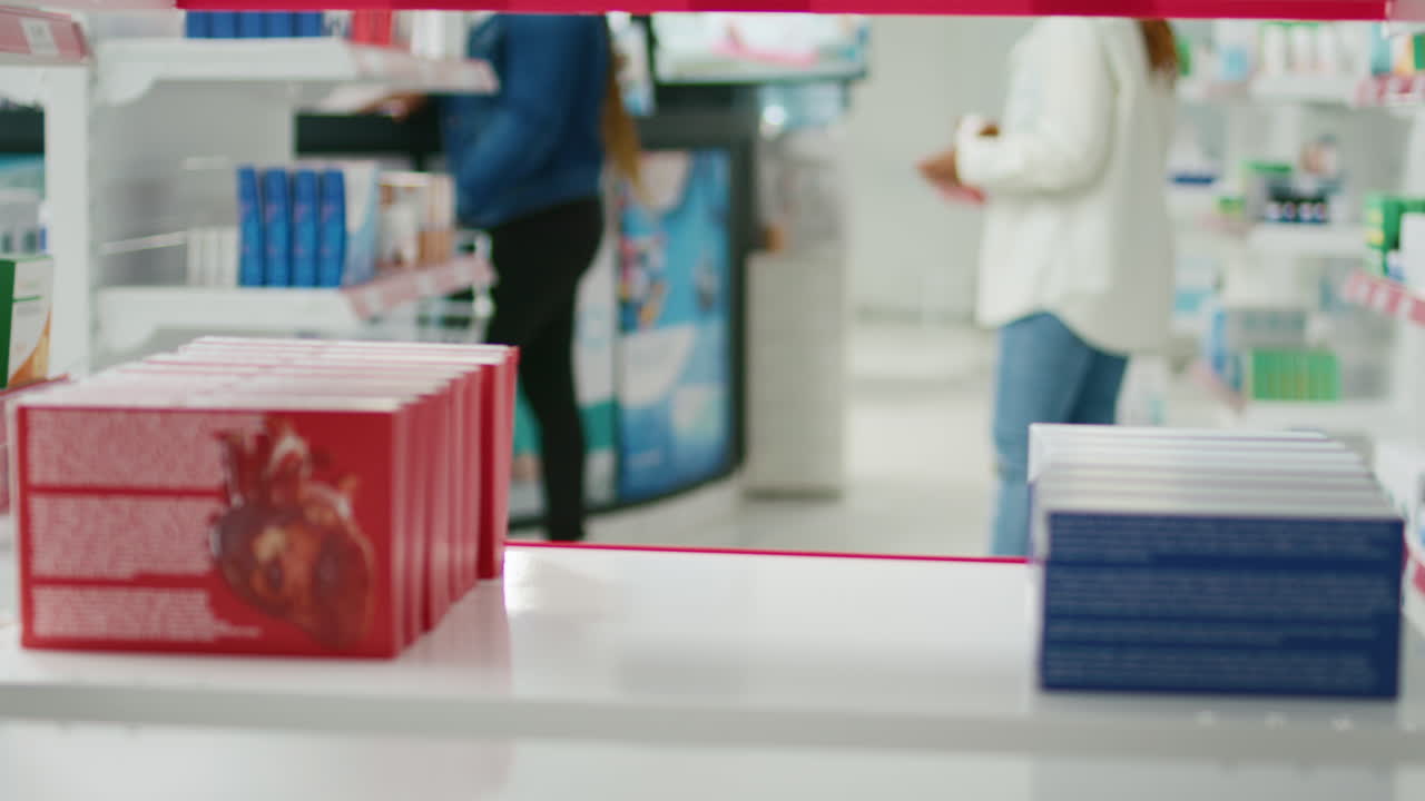 People buying medication and vitamins in a pharmacy