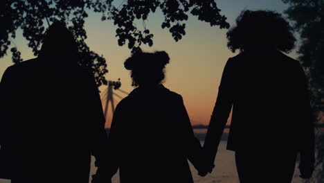 Family-silhouette-holding-hands-walking-together-at-sunset-river-bridge-closeup.