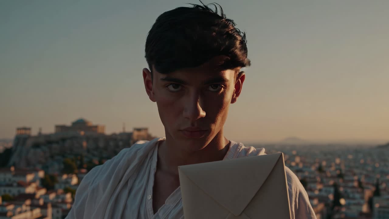 아테네에서 봉투를 들고 있는 십대