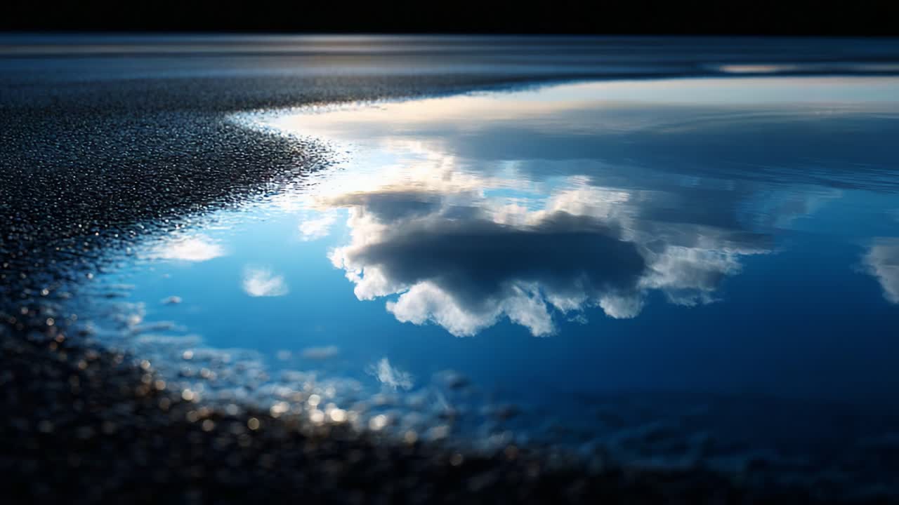 A Tranquil Reflection: Serene Waters Capturing the Sky's Beauty, Showcasing Clouds in a Still Pond Enhanced by the Subtle Texture of the Wet Surface Below