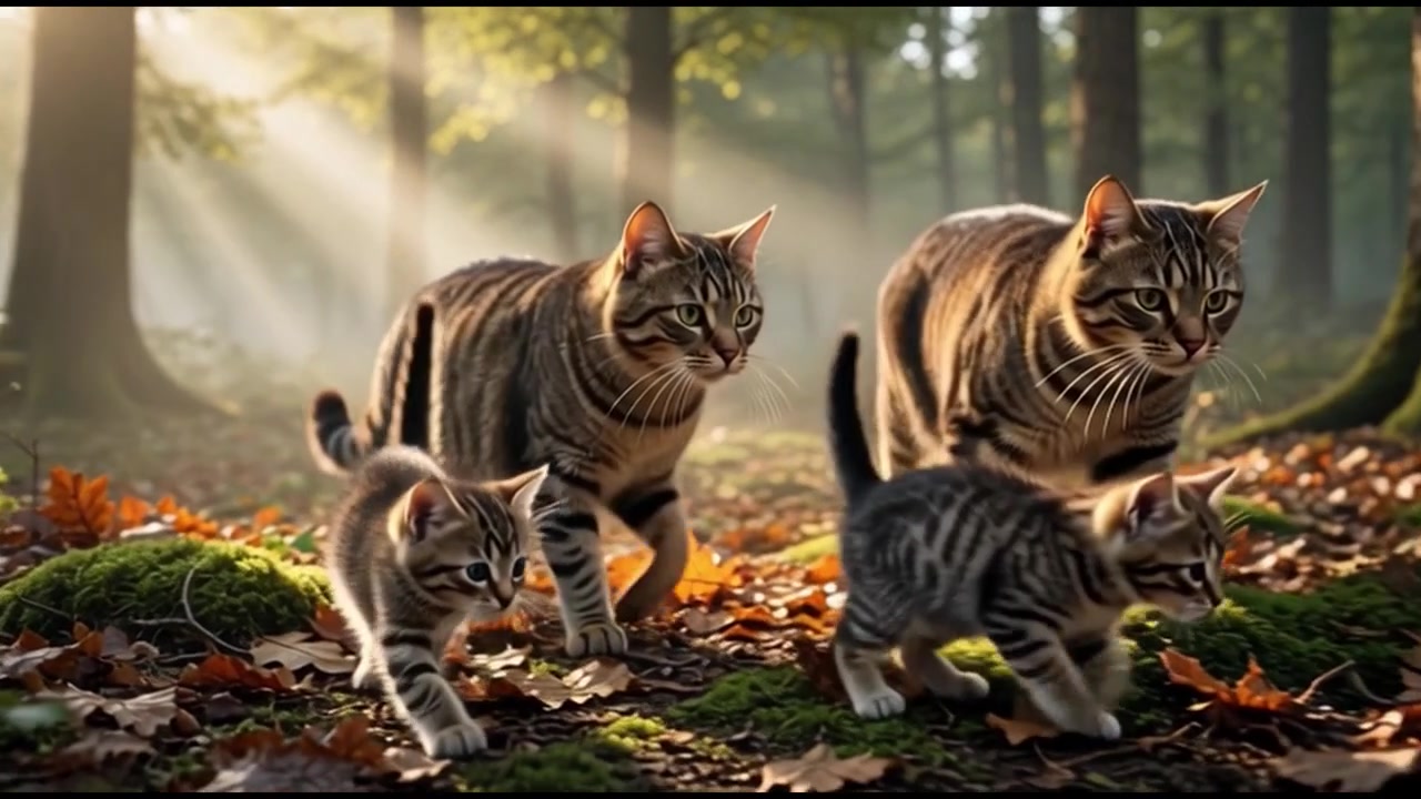 Famiglia di gatti soriani che passeggia in un bosco soleggiato